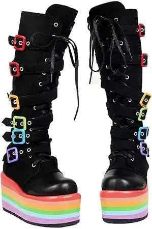 Punk Style Round Toe Knee-High Platform Women Boots Rainbow Color Wedges High Heels Lace Up Design Large Size Customized Shoes
