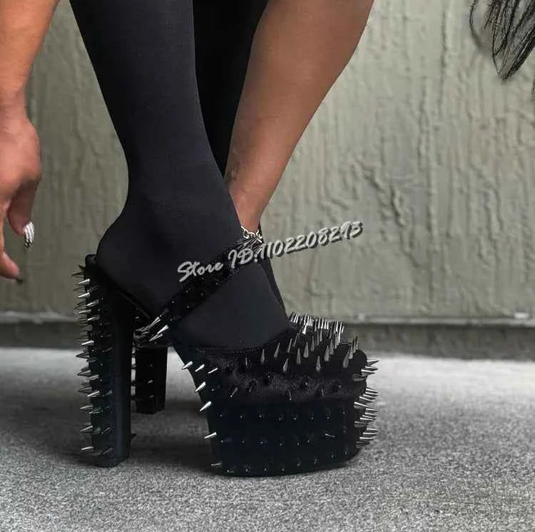 Sexy Spikes Square Toe Pumps Rivet Buckle Straps Chunky High Heel Suede Shallow Cross-tied Punk Shoes 2025 New Fashion Women