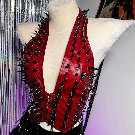 Emo Spike Studded Rivet PU Leather Halter T-shirt