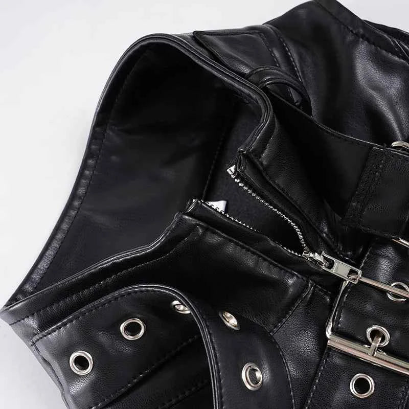 SUCHCUTE Retro Punk Pu Leather Vest With Sleeve Cover Women Gothic Black Sleeveless Turtleneck Top Y2k Metal Decorative Clothing