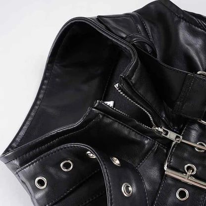 SUCHCUTE Retro Punk Pu Leather Vest With Sleeve Cover Women Gothic Black Sleeveless Turtleneck Top Y2k Metal Decorative Clothing