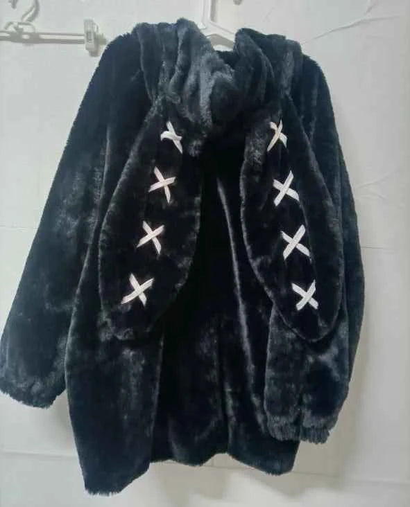 2025 Winter Clothing Women's Jackets Harajuku Rabbit Ears Punk Black Coats Thicked Furry Zipper Oversized Y2k Tops Ropa Mujer