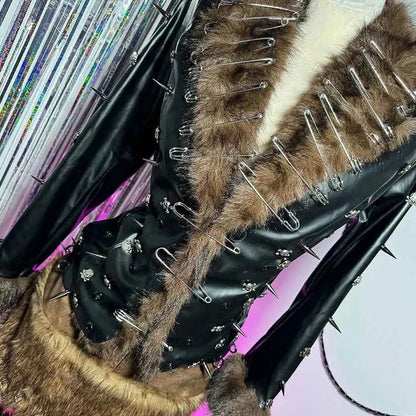 Hip Hop Teen E-Girls Emo Grunge Goth DIY Club Wear Hand Made Punk Rock Studded Y2K Vegan Leather Faux Fur Jacket Coat Pin