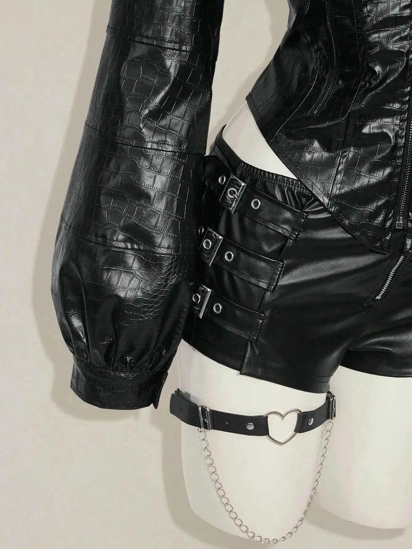 Women's Gothic Punk Hooded PU Leather Jacket with Corset Waist, Zip-Up Front & Spiked Collar for Fall/Winter