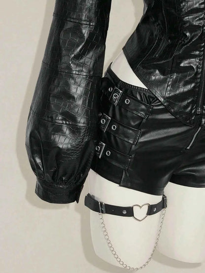 Women's Gothic Punk Hooded PU Leather Jacket with Corset Waist, Zip-Up Front & Spiked Collar for Fall/Winter