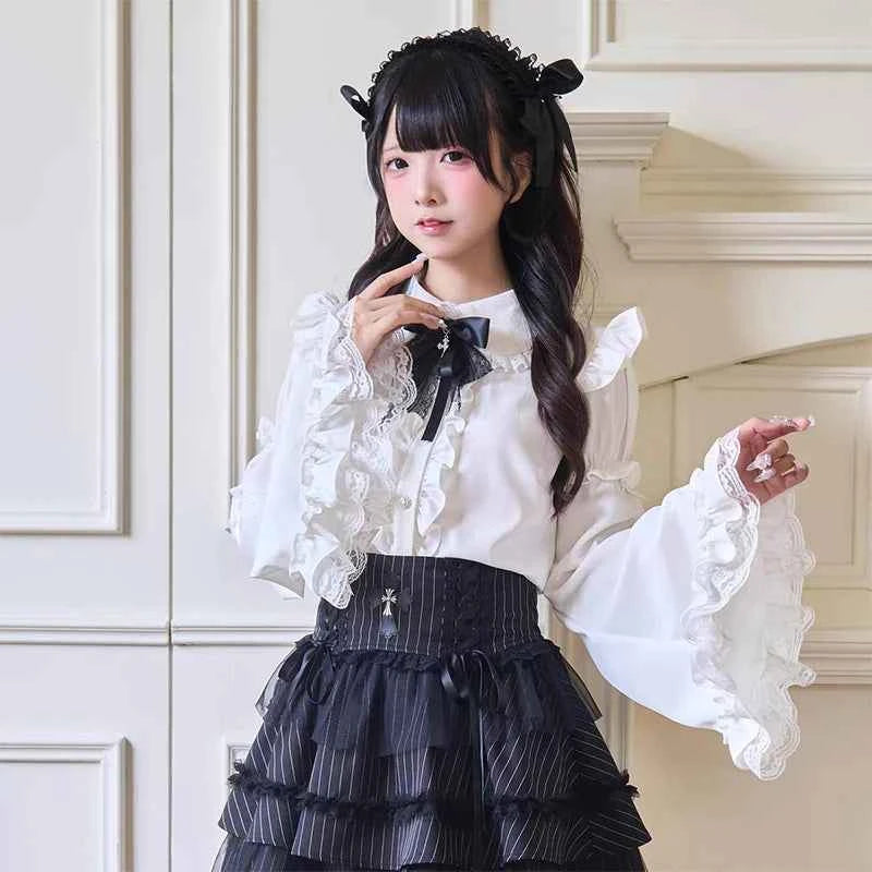 Kawaii Women Shirts Jirai Kei Lolita Y2K Cute Japanese Style Blouse Elegant Long Sleeve Sweet Tops Casual Aesthetic Shirt 2024
