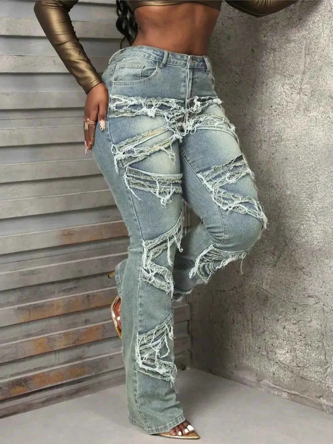 Y2K 90s Street Style Women's Vintage Fringed Distressed Flare Jeans - High Stretch Unique Tassel Design Hip Hop Fashion for All