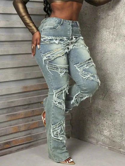 Y2K 90s Street Style Women's Vintage Fringed Distressed Flare Jeans - High Stretch Unique Tassel Design Hip Hop Fashion for All