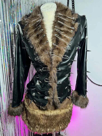 Hip Hop Teen E-Girls Emo Grunge Goth DIY Club Wear Hand Made Punk Rock Studded Y2K Vegan Leather Faux Fur Jacket Coat Pin