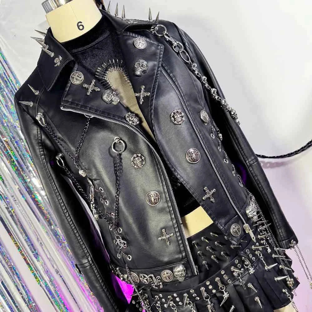 Y2K Vegan Leather Skull Studded Rivets Jacket Coat E-Girls Gothic Harajuku Grunge Chain Emo Eco DIY Punk Rock Hand Made