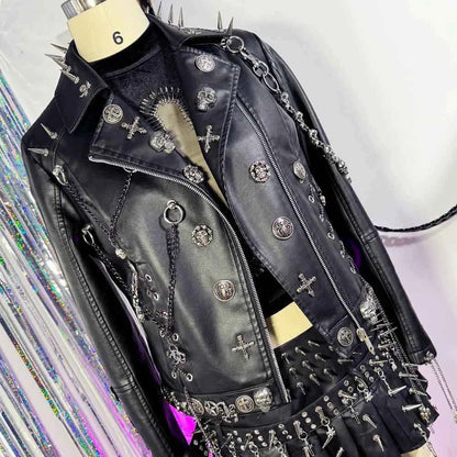 Y2K Vegan Leather Skull Studded Rivets Jacket Coat E-Girls Gothic Harajuku Grunge Chain Emo Eco DIY Punk Rock Hand Made
