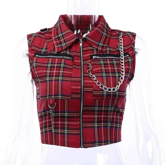Women T-shirt Plaid Punk Streetwear Zipper Chain Plaid Female Goth Retro Hi Hop Camis Top Gothic Chic Sexy Crop Tops