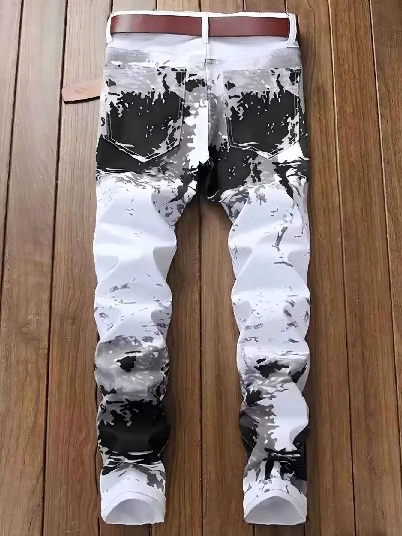 Men's Jeans Casual Black And Grey Printed Denim Pants Slim Fit Straight Leg Comfort Mid Waist White Trousers