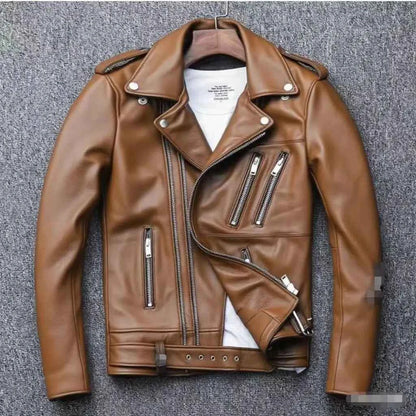 Winter and Autumn Men's Oversized Button-down PU Leather Coat with Multiple Zippers Polo Jacket, with Many Zippers