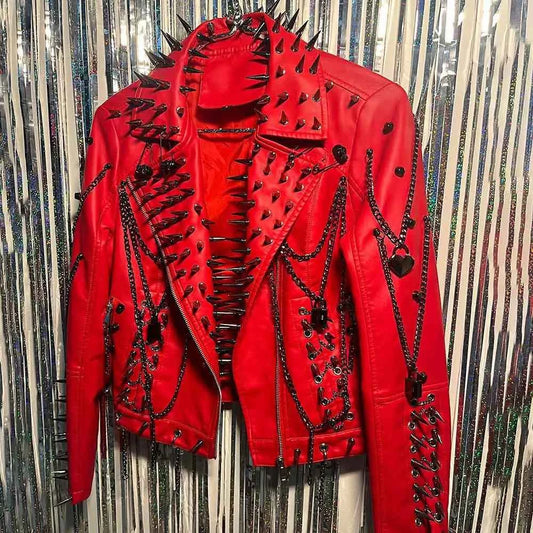 Club Wear Spike Studded Rivet Coat E-Girls Punk Rock Goth Emo Gothic Y2K Pu leather Jacket Harajuku Grunge Chain Zipper