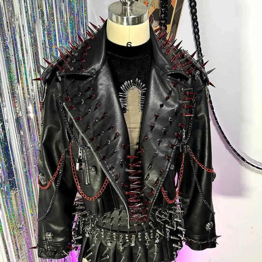 Punk Rock E-Girls Eco Goth Gothic Emo Grunge DIY Harajuku Y2K PU Leather Skull Studded Jacket Vintage Hand Made Studded Rivet