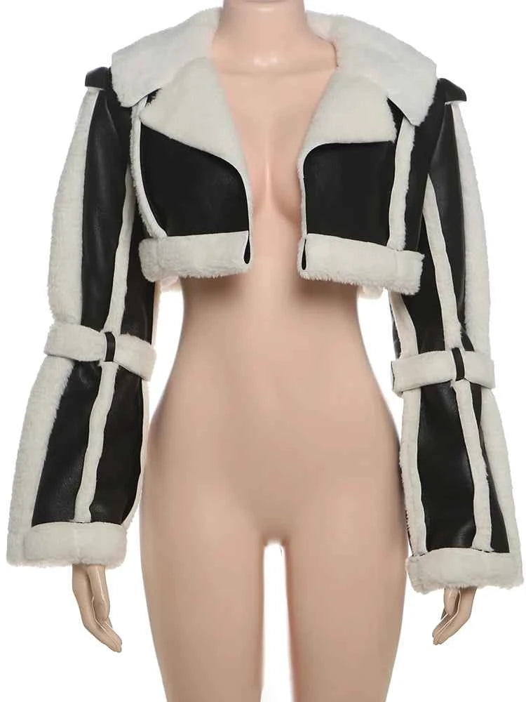 Weird Puss Furry Patchwork Women Crop Jacket Hipster Full Sleeve Open Stitch Hipster Streetwear Warm Outwear Basic Wild Coat