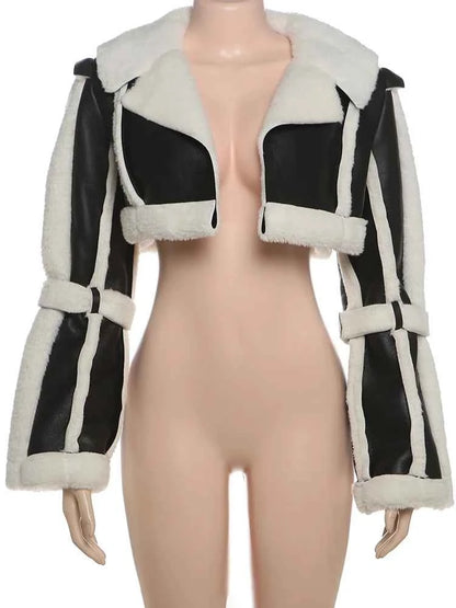 Weird Puss Furry Patchwork Women Crop Jacket Hipster Full Sleeve Open Stitch Hipster Streetwear Warm Outwear Basic Wild Coat