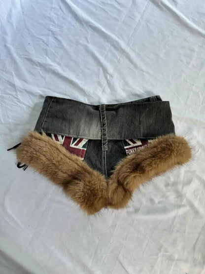 2026 Europe and America Style Hip Hop Style Splicing Fur Collar Mini Denim Shorts Womens Y2k Personality Popular Sexy Shorts