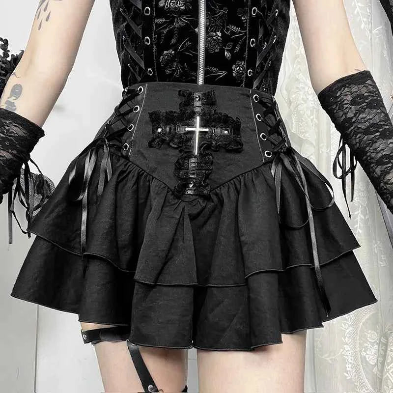 Gothic Black Lace Cross Mini Skirt Y2k Grunge Punk High Waist Pleated A-Line Skirts Vintage Women Girl Aesthetic Alt Clothes