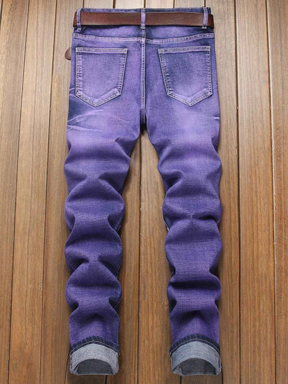 Stretch Slim Fit Jeans - Men's Mid Waist Distressed And Ripped Denim Jeans With Tassels For All Seasons Street Wear