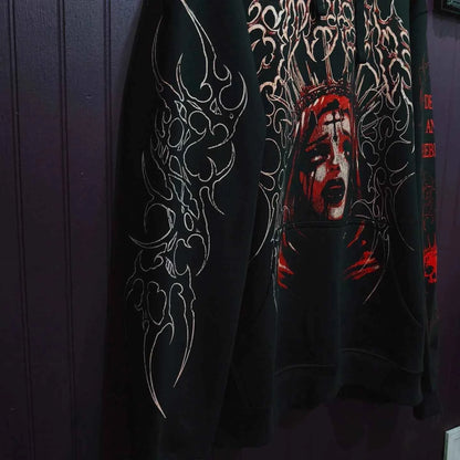 Y2K Black Hooded Sweatshirt for Men White Angel Themed Spike Print Street Fashion Trendy Top Unique Art Design
