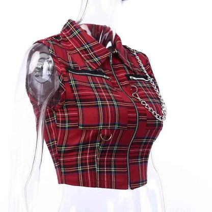 Women T-shirt Plaid Punk Streetwear Zipper Chain Plaid Female Goth Retro Hi Hop Camis Top Gothic Chic Sexy Crop Tops