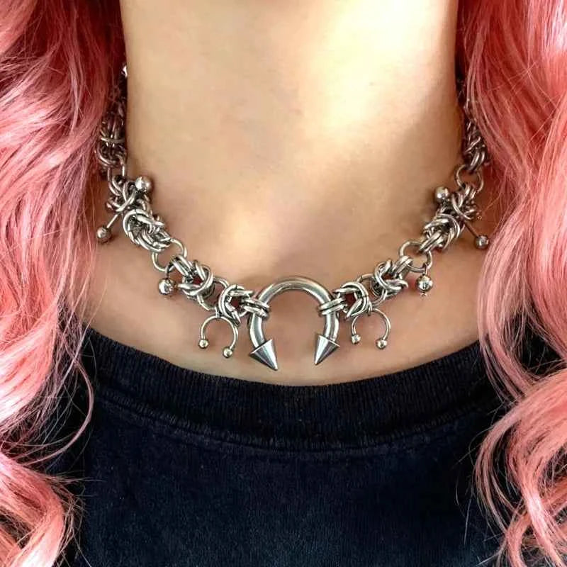 Punk Fashion Stainless Steel Rivet Horseshoe Ring DIY Pendant Necklace for Women Cool Fashion Goth Jewelry Grunge Choker