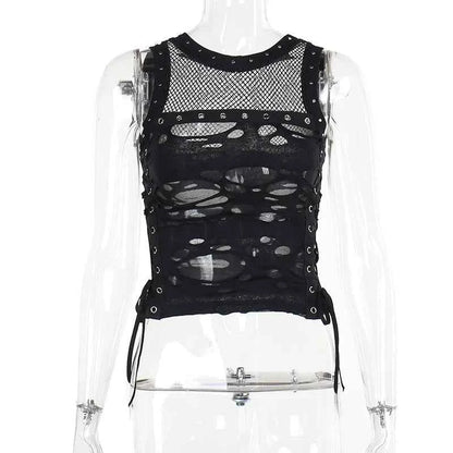 Gothic Crop Tops Punk Tanks Trendy Camisole T-Shirt Women Sexy Fishnet Backless Steampunk Vest Clubwear for Rave Party