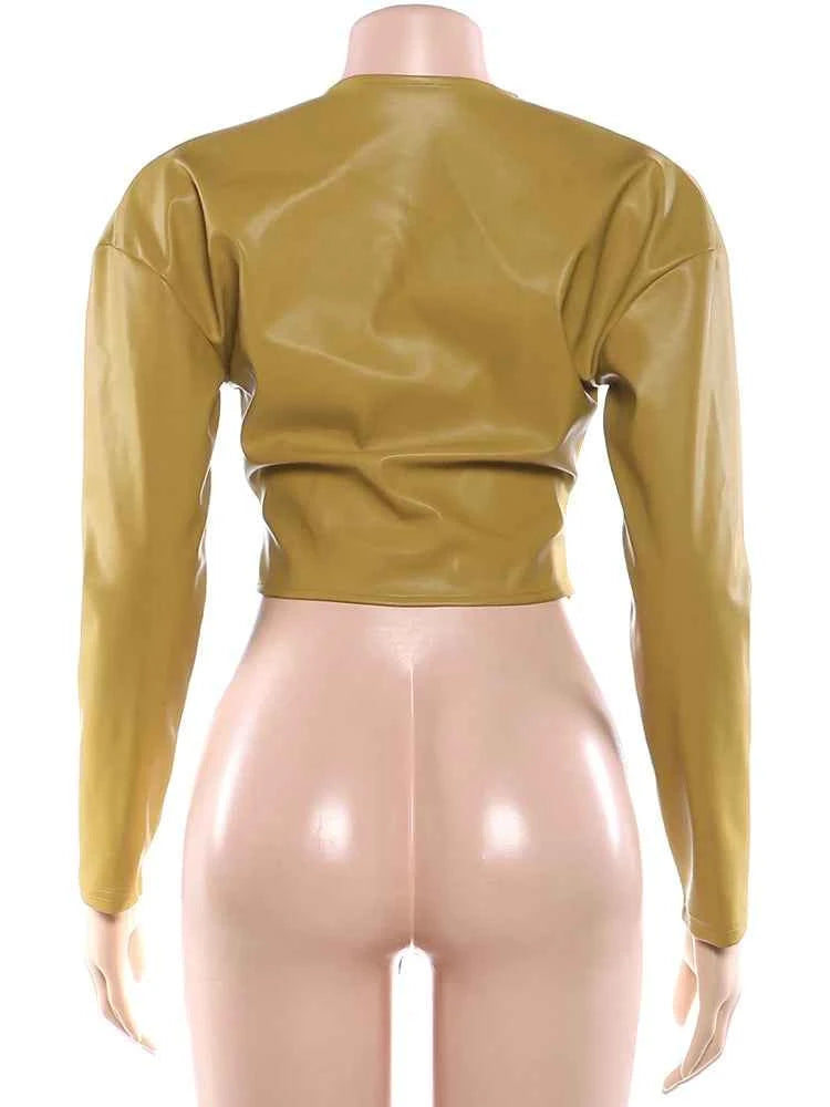 Weird Puss Luxury PU Crop Jacket Women Irregular Waist-Cinch Spring Wild Zip Full Sleeve Streetwear Office Lady Classic Coat