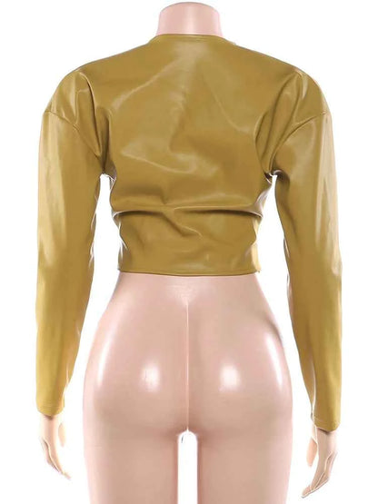 Weird Puss Luxury PU Crop Jacket Women Irregular Waist-Cinch Spring Wild Zip Full Sleeve Streetwear Office Lady Classic Coat