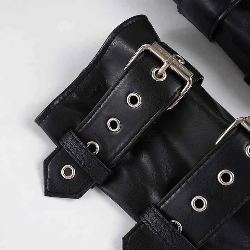 SUCHCUTE Retro Punk Pu Leather Vest With Sleeve Cover Women Gothic Black Sleeveless Turtleneck Top Y2k Metal Decorative Clothing