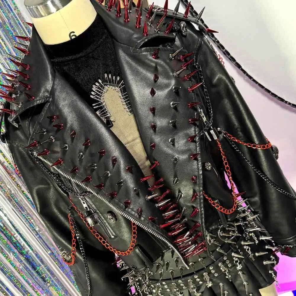 Punk Rock E-Girls Eco Goth Gothic Emo Grunge DIY Harajuku Y2K PU Leather Skull Studded Jacket Vintage Hand Made Studded Rivet
