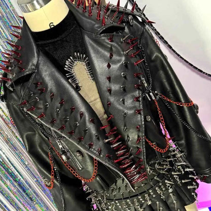 Punk Rock E-Girls Eco Goth Gothic Emo Grunge DIY Harajuku Y2K PU Leather Skull Studded Jacket Vintage Hand Made Studded Rivet