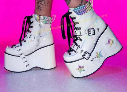 Green Spaced Out Platform Boots Round Toe Wedge Belt Buckle Lace Up Patchwork Women Cyberpunk Boots Gothic Style Y2K Shoes 2025