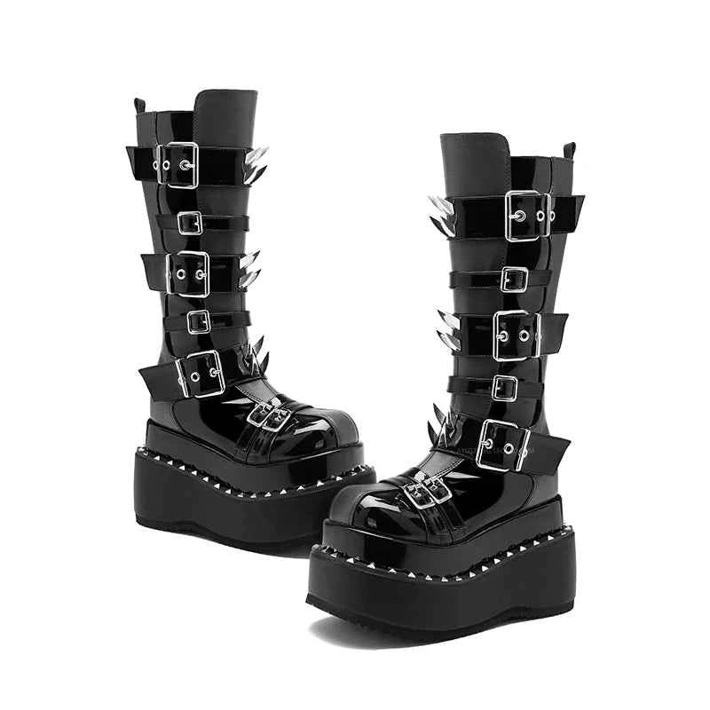 Belt Buckle Spike Rivet Platform Motorcycle Boots Round Toe Thick Sole Side Zipper Punk Knee High Boots Heavy Work Gothic Style