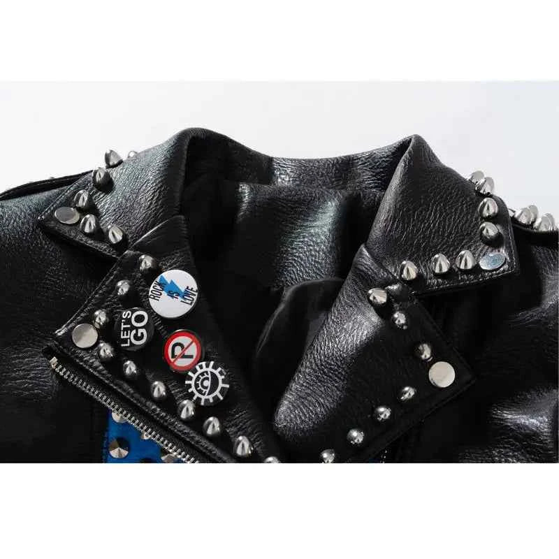 Streetwear Contrast Spliced Faux Leather Jacket for Women 2026 New Graffiti Print Punk Studded Slim Cropped Motorcycle Jackets