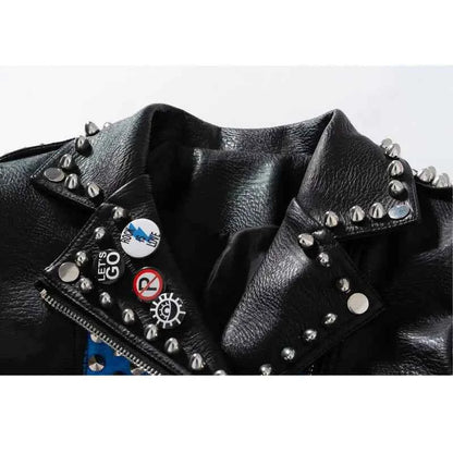 Streetwear Contrast Spliced Faux Leather Jacket for Women 2026 New Graffiti Print Punk Studded Slim Cropped Motorcycle Jackets