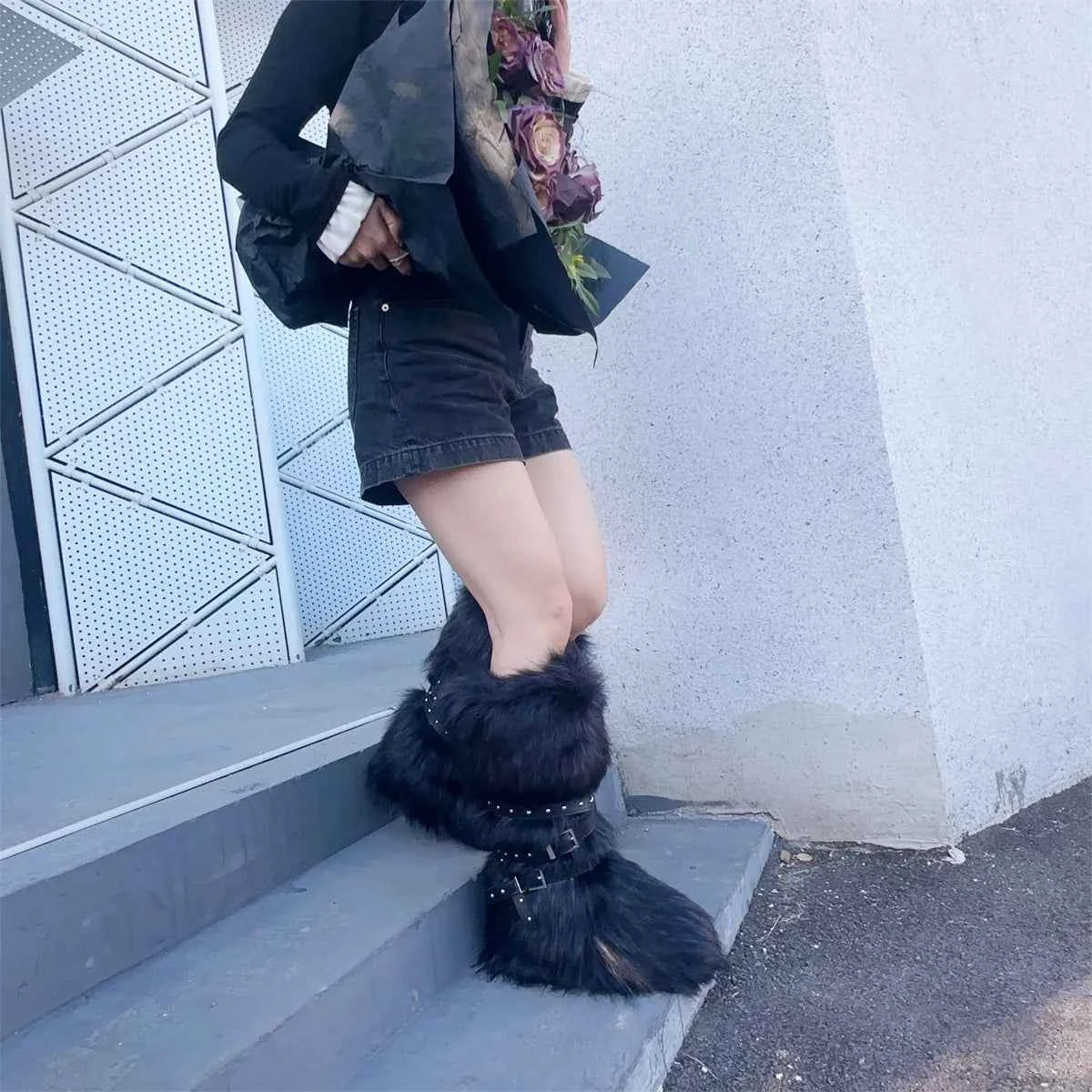 Ladies Faux Fur Knee High Wedge Platform Boots Popular Brown Spice Girl Cross Belt Buckle Winter New Snow Boots For Women