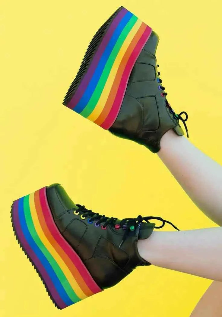 Punk Style Round Toe Knee-High Platform Women Boots Rainbow Color Wedges High Heels Lace Up Design Large Size Customized Shoes