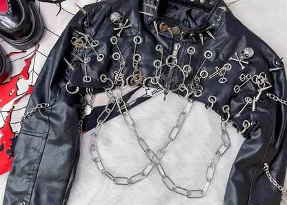 Harajuku Women Gothic Lolita Streetwear Y2K Girl Steampunk Rock and roll  Spike Trim Crop Tops Rivet Metal Chain pu Blazer coat