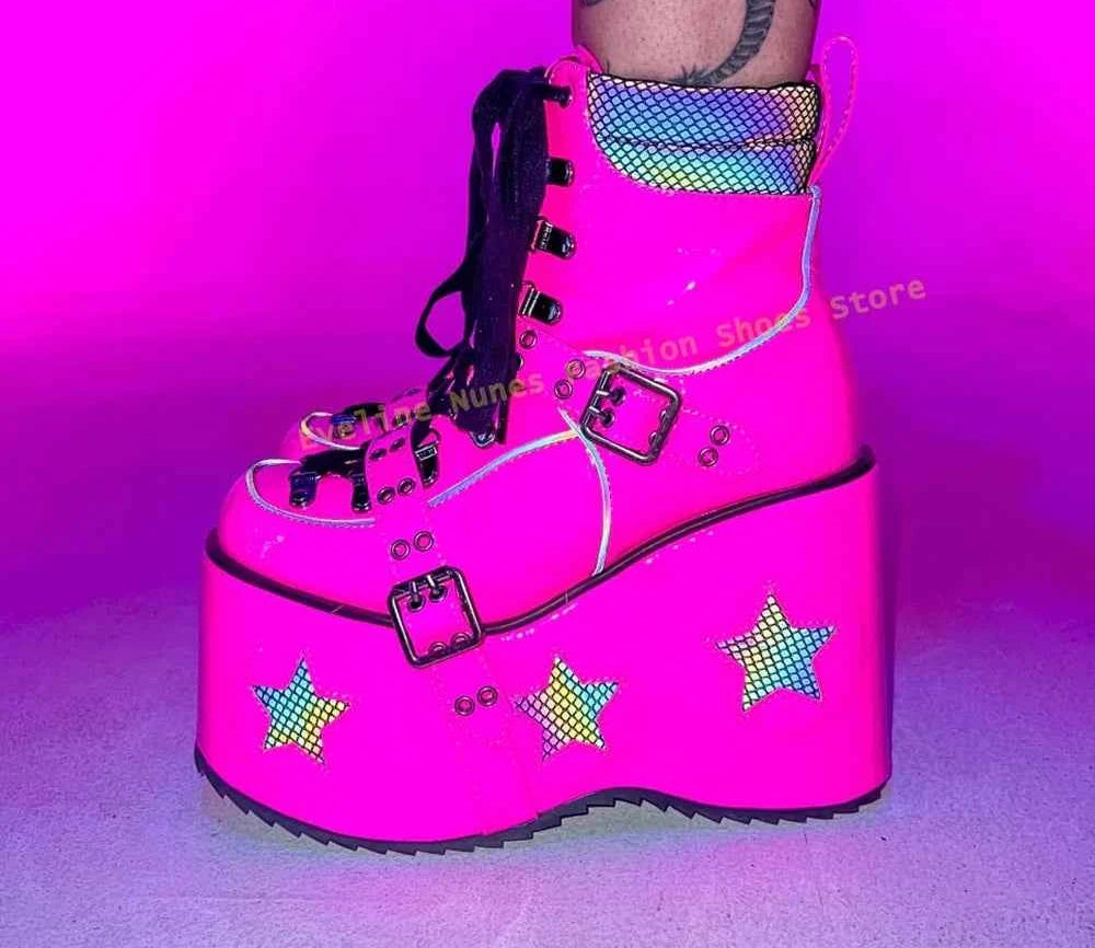 Green Spaced Out Platform Boots Round Toe Wedge Belt Buckle Lace Up Patchwork Women Cyberpunk Boots Gothic Style Y2K Shoes 2025