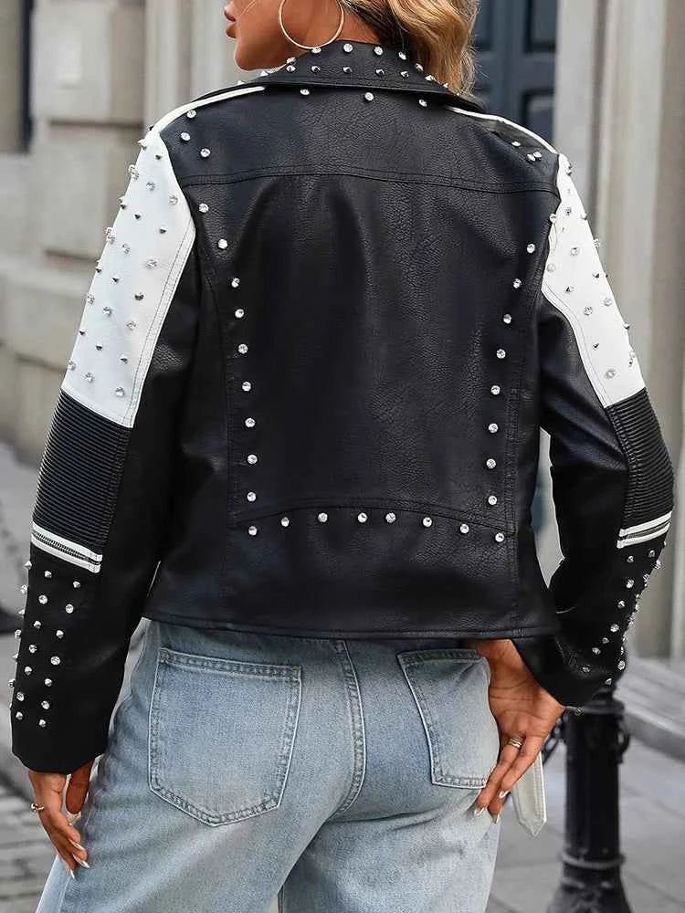 Ailegogo New Spring Autumn Women Street Rivet Black White Faux Leather Jacket Moto Biker Punk Belt Coat Outwear