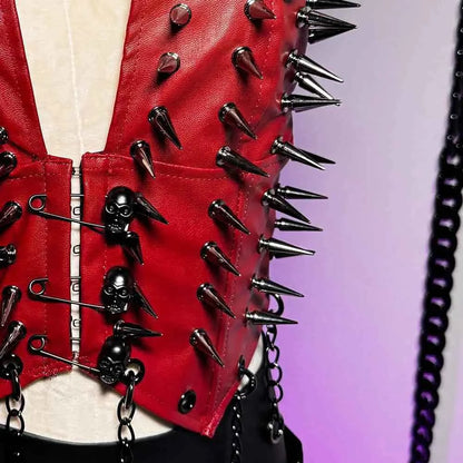 Emo Spike Studded Rivet PU Leather Halter T-shirt