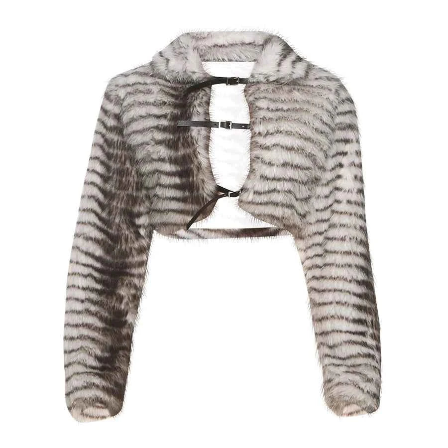 Kliou Sexy Fashion Crop Jacket Woman Autumn Trend Furry Warm Style Belt Metal Buckle Cardigan Full Sleeve High Street Jacket