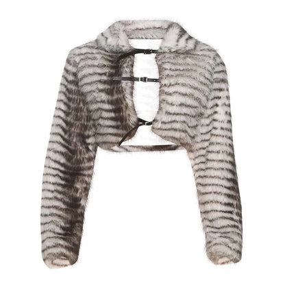 Kliou Sexy Fashion Crop Jacket Woman Autumn Trend Furry Warm Style Belt Metal Buckle Cardigan Full Sleeve High Street Jacket