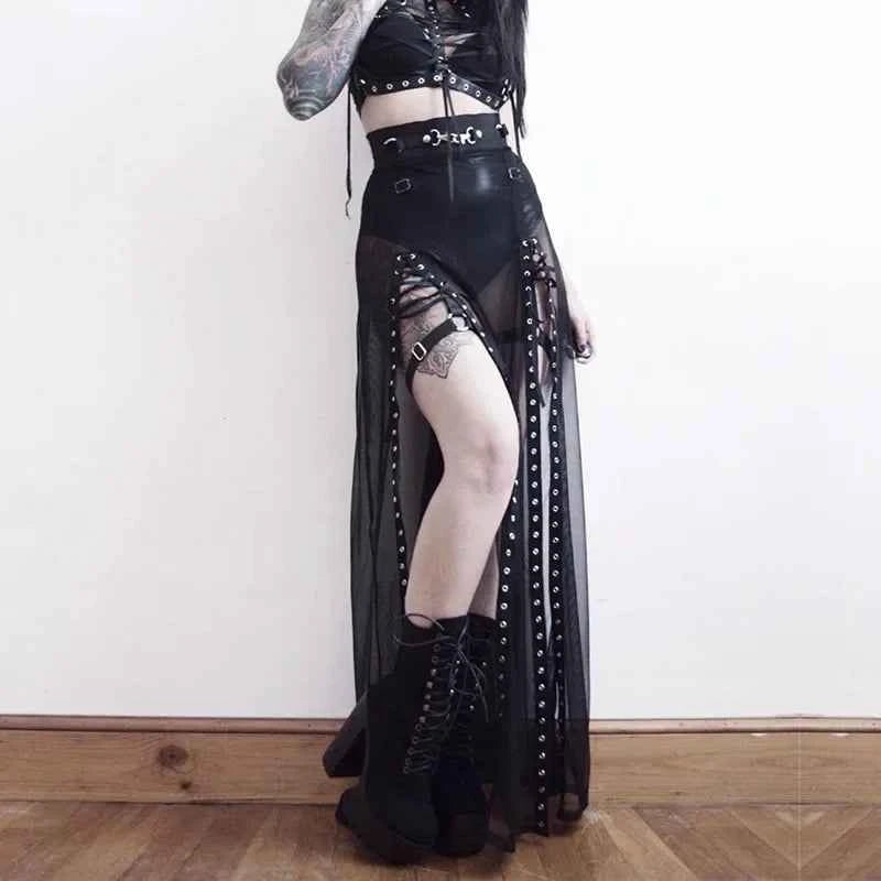 Goth Mesh Perspective Side Slit Skirt Lace Up Dark Punk Gothic Faldas Feminino Thin Summer Aesthetical