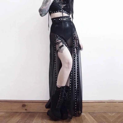 Goth Mesh Perspective Side Slit Skirt Lace Up Dark Punk Gothic Faldas Feminino Thin Summer Aesthetical