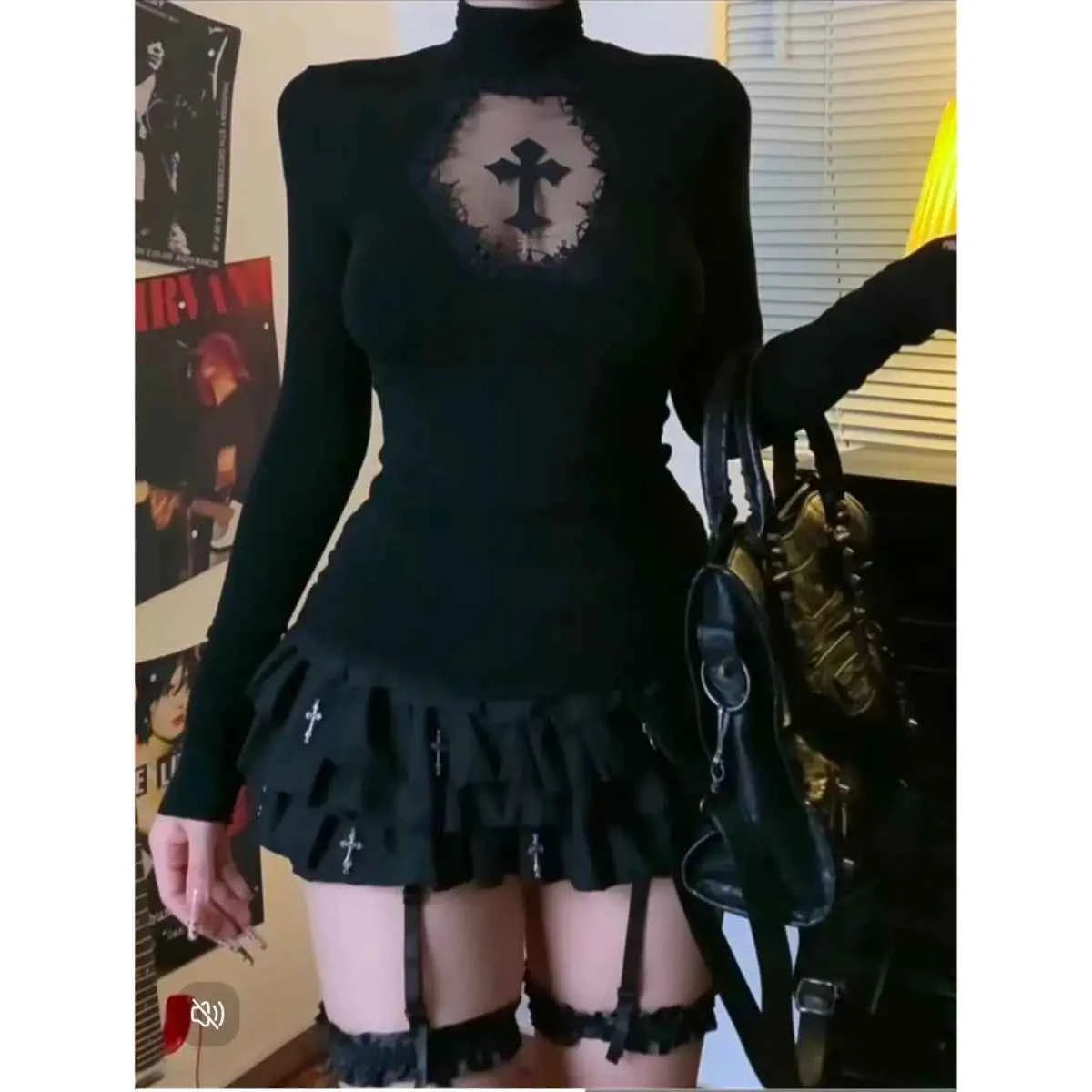 Women Cross Hollow Out T-shirt Gothic Long Sleeve Turtleneck Top Punk Alt Goth Style Clothing Black Blue Y2K Sleeveless Shirt