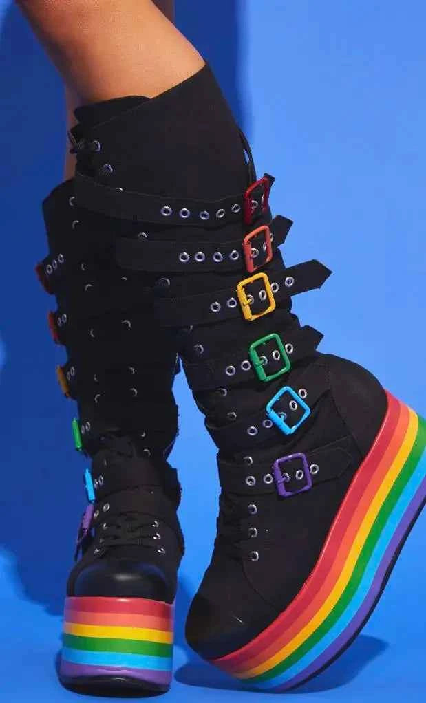 Punk Style Round Toe Knee-High Platform Women Boots Rainbow Color Wedges High Heels Lace Up Design Large Size Customized Shoes